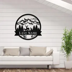 Personalized Mountain Deer Metal Sign: Family Name Monogram