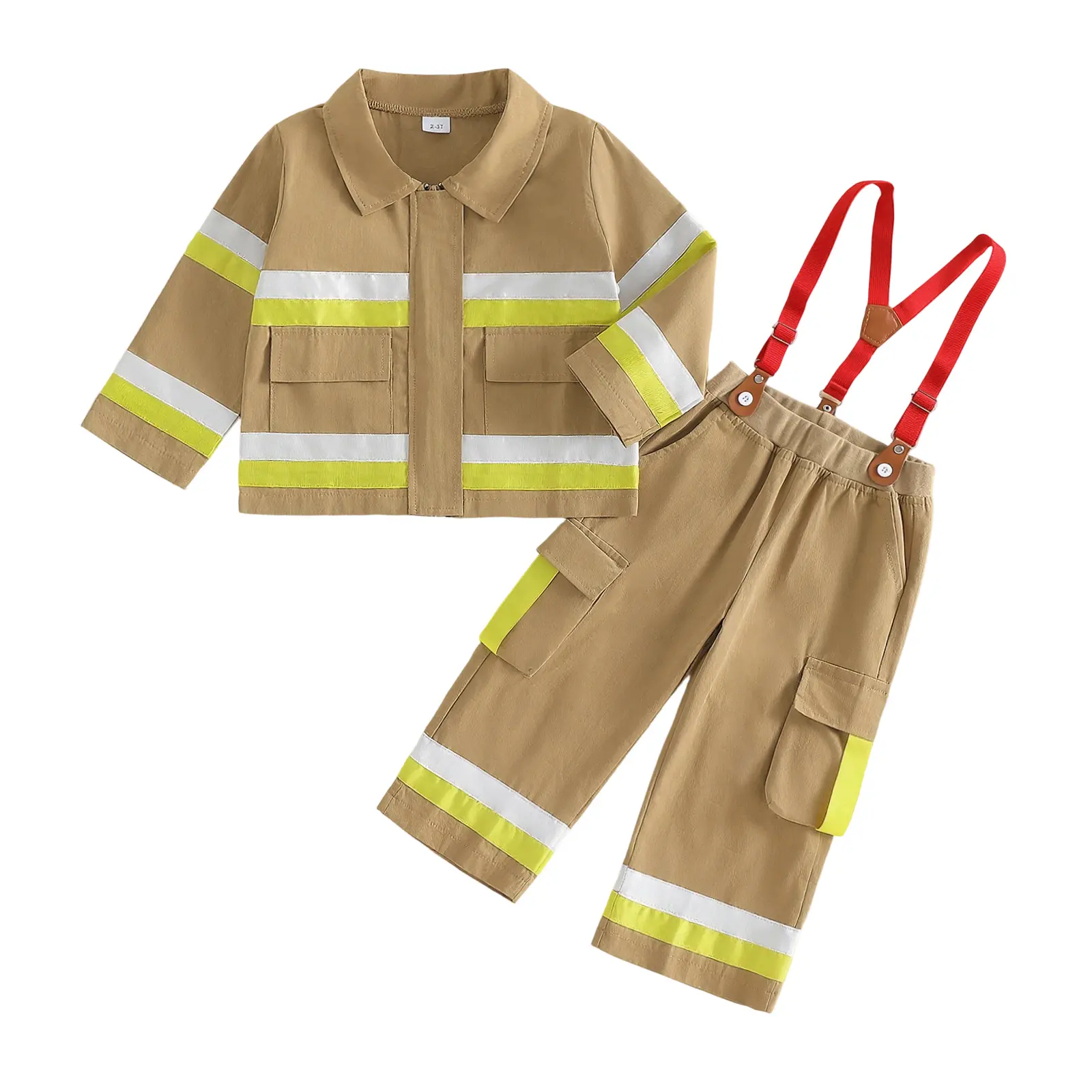 Canrulo Kids Firefighter Outfit Long Sleeve Jacket Suspender Pants Overalls Halloween Birthday Outfits Fall Winter Clothes
