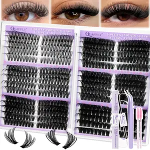 Lash Clusters Kit, 570 Pcs 6 Styles Eyelashes Clusters Extensions Kit 8-16mm Individual Lashes D Curl Thick Wispy Cosmetic False Eyelashes Thin Band, with Eyelash Extension Glue LashBond&Seal Tweezers Brush DIY At Home