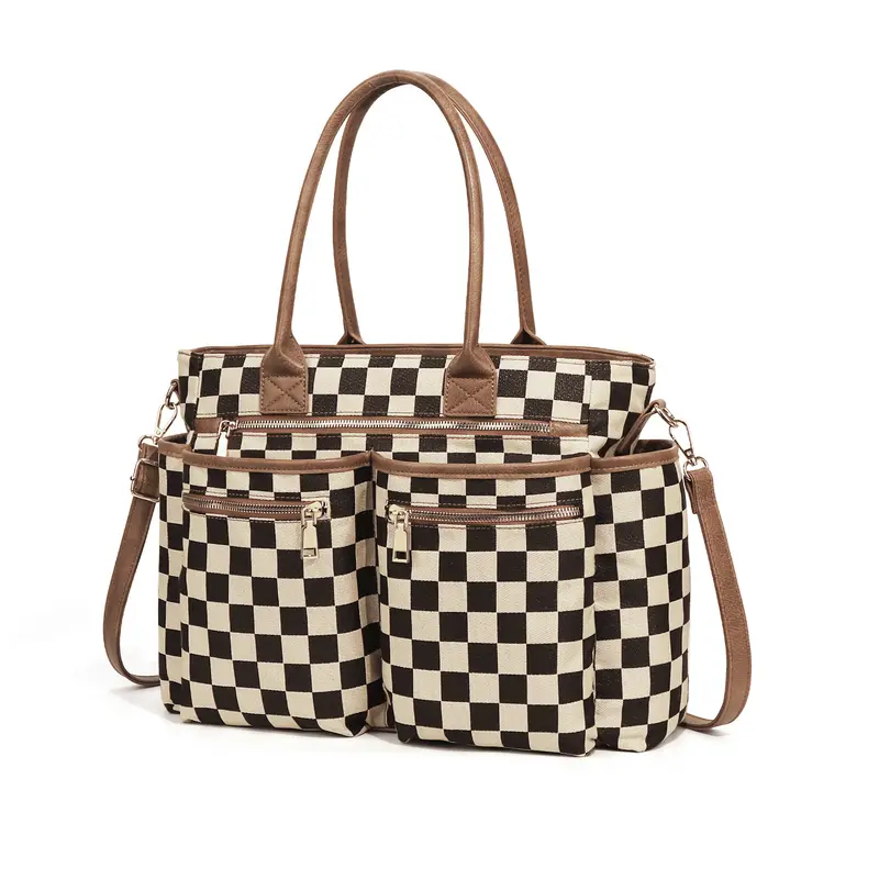 Women's Checkerboard Geometric Pattern Tote Bag - Adjustable, Multi-Pocket Large Capacity, Carry It 2 Ways Crossbody/Shoulder, High-Quality Everyday Purse for Women, Work & Casual Use