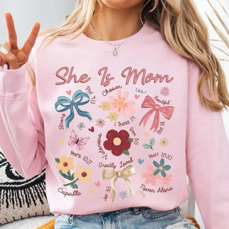 She is Mom Gildan Light Pink Crew Sweatshirts