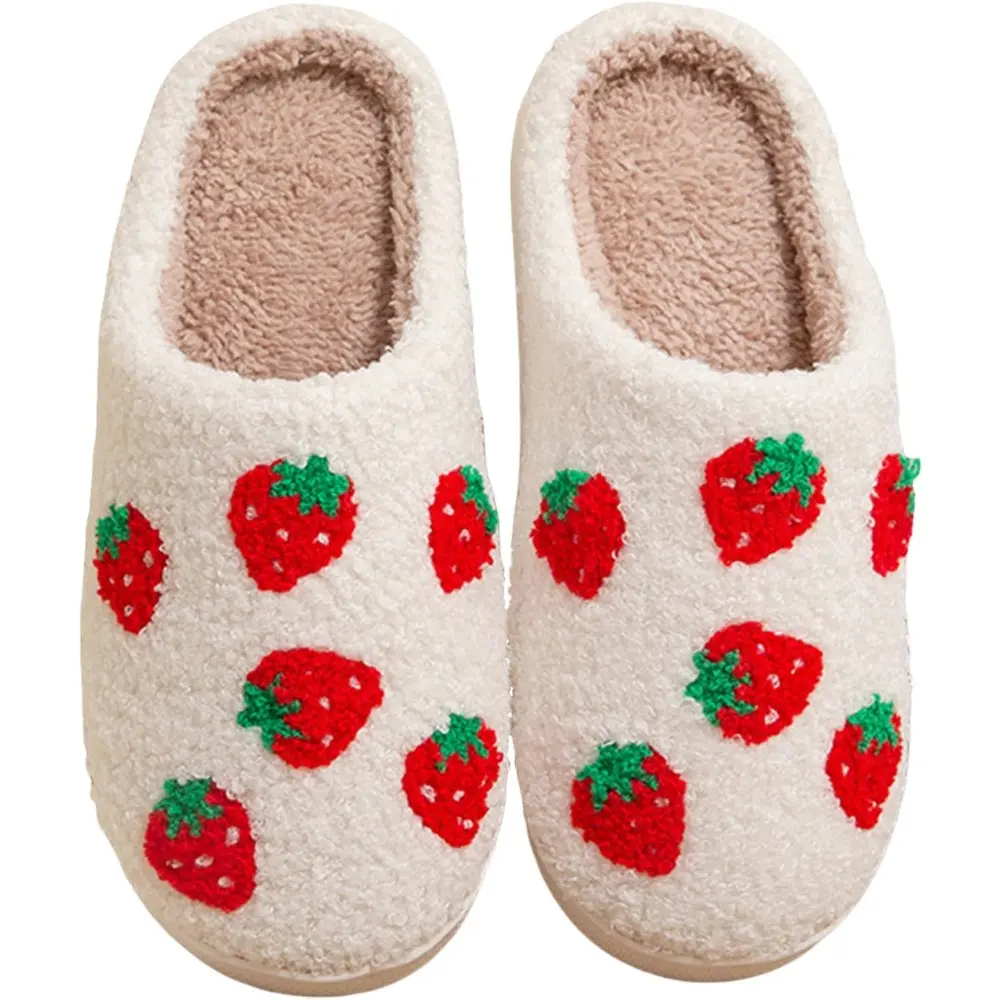 Women's and Men's Strawberry Pattern Slippers,Retro Memory Foam Cute Cartoon Plush Fluffy Warm Lined Strawberry Slippers,Indoor Home Winter Shoes
