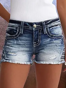 Women's High Waisted Rolled Hem Distressed Jeans Ripped Denim Shorts