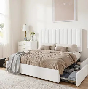 SHA CERLIN Full/Queen/King Size Storage Bed Frame with Adjustable Vertical Channel Tufted Headboard - Velvet Upholstered Platform Bed with 4 Drawers, Wooden Slats & No Box Spring Needed (White/Black/Grey) 【Frame Only No Mattress】