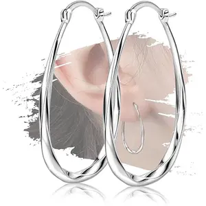 925 Sterling Silver Teardrop Oval Large Hoop Earrings Minimalist Lightweight Trendy Fashion Jewelry for Women Girls Effortless Everyday Chic