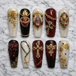 Gothic Sacred Heart Press On Nails | 3D Gold Rose Cross Angel Design | Red Black Religious Luxury Set | Handmade Statement Nails Nail Art Kit Nail Box