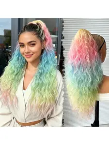 Rainbow Colors Clipped Ponytail Wig - Yellow, Pink, Blue Gradient Colors Multi-Layer Synthetic Hair Pieces, Synthetic Extensions Suitable for Parties, Halloween Concerts and Daily Use - Ponytail Extension