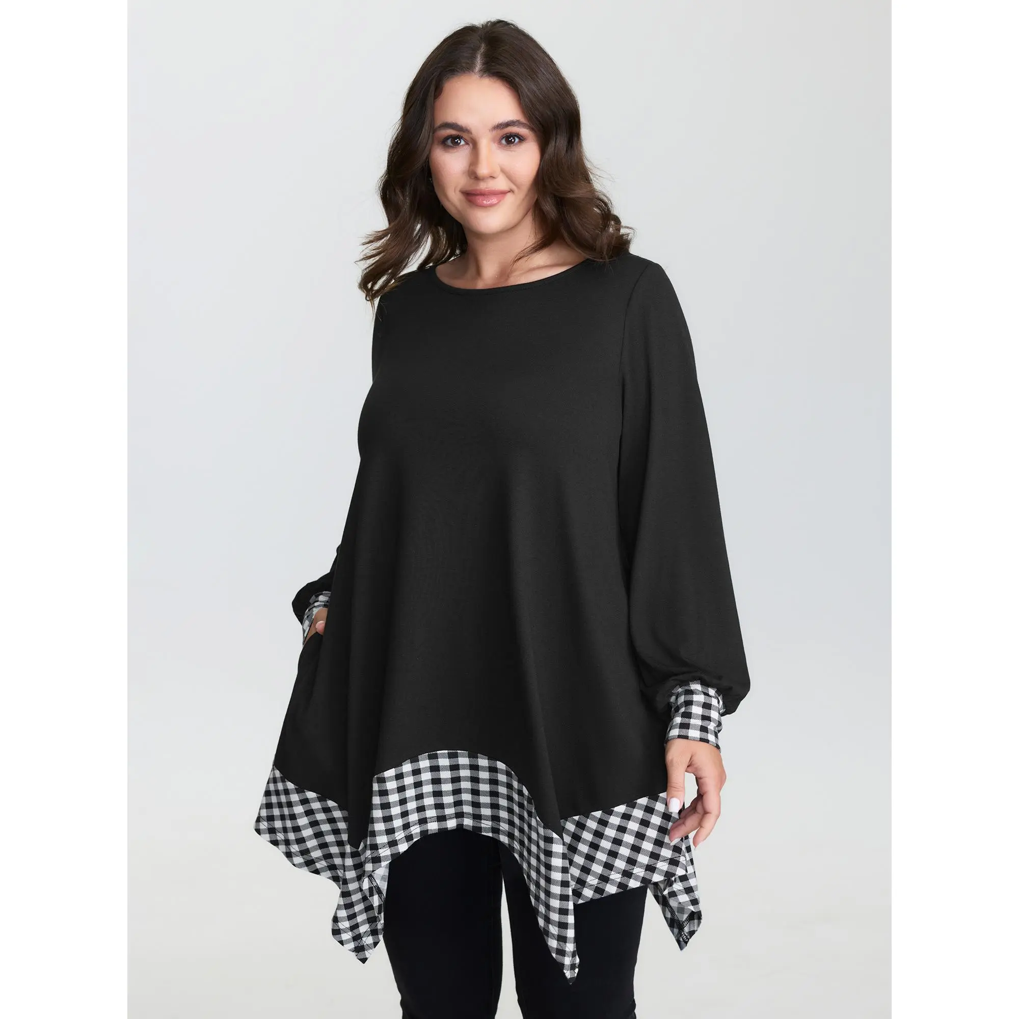BloomChic Plus Size Checkered Tunic Top, Casual Boat Neck with Long Lantern Sleeves, Breathable Stretch Rayon Blend, Asymmetrical Hem, Everyday, Long Sleeves, Tunic Length, Lantern Sleeve, Extra Long