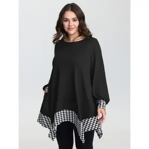 BloomChic Women's Plus Size Checkered Tunic T-Shirt - Super Soft Stretch Spandex Fabric, Long Lantern Sleeves, Asymmetrical Hem, Sizes M-6X, 2026 Summer Vibes