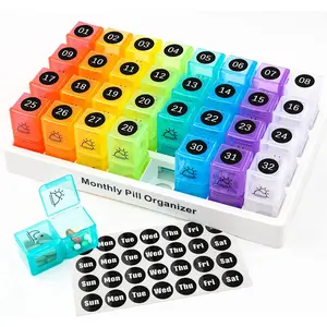 Monthly Pill Box Organiser, Large Capacity Am Pm Pill Box Case with 32 Removable Compartments and Marking Stickers, Tablet Organiser Twice a Day for Pills and Fish Oil, Vitamins, Vitamin Organizer