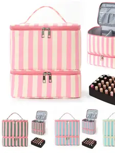 Double-Layer Striped Storage Bag, Large Capacity Nail Polish Makeup Bag, Fashionable Handheld Travel Organizer, Suitable for All Seasons, Travel Cosmetic Bag