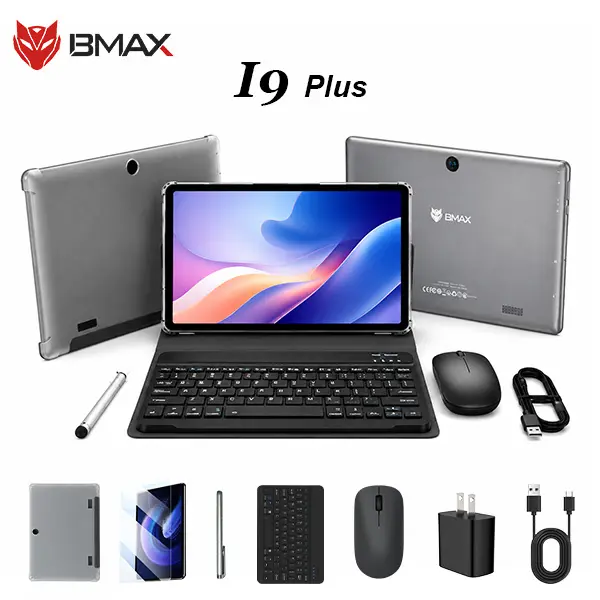 2026 BMAX-I9 Plus Wi-Fi Tablet (Space Gray) - 10.1-inch, Android 15/GMS, 5G Wi-Fi, Bluetooth 5.4, Widevine L1, Dual Cameras, with Keyboard, Case, Mouse, USB-C Adapter, for Study & Work