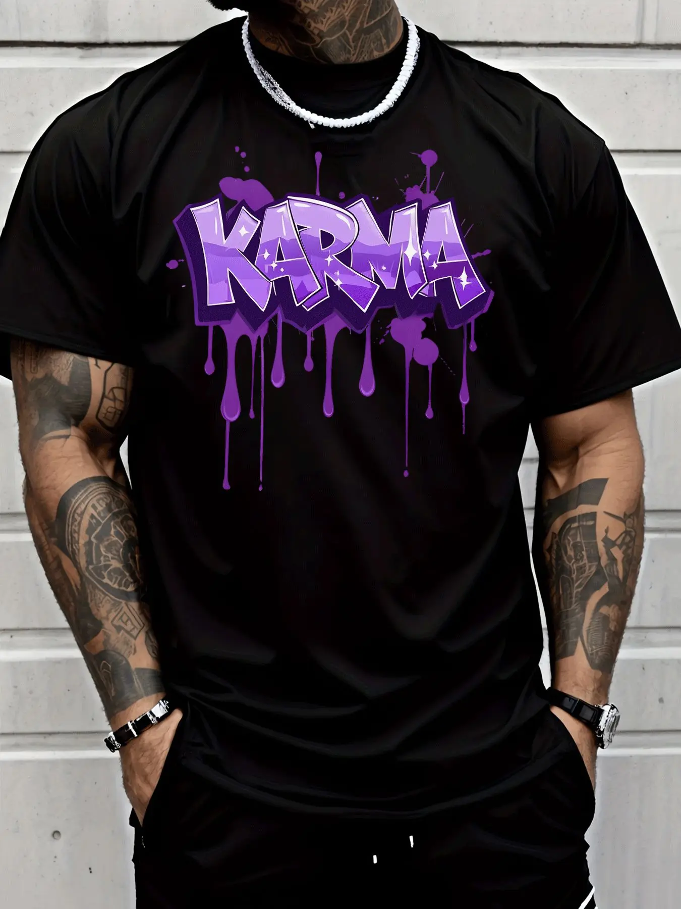 Graffiti Style for KARMA Letter Print Dripping Purple Ink Splatter Graphic Tee Men's Fashion Streetwear Casual Trendy Adult Men Summer Daily Wear