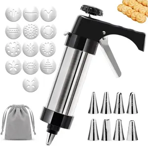 Stainless Steel Cookie Press Gun Kit with 13 Cookie Discs & 8 Piping Tips, Comes with Storage Bag for DIY Holiday & Everyday Baking, Essential Kitchen Baking Supplies