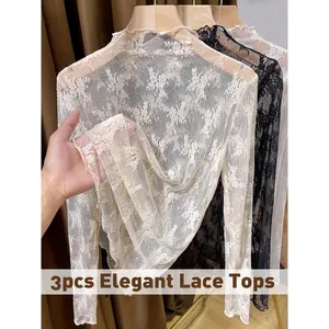 3pcs Set, Lace Top, Semi-transparent, a Hint of Gentle Allure, High-stretch Fabric Snugly Wraps, a Misty Haze-like Beauty, Every Reveals Graceful Curves. Soft Fabric Conforms to the Body Without Tightness, Delicate Hollow-out Patterns, Outlining High