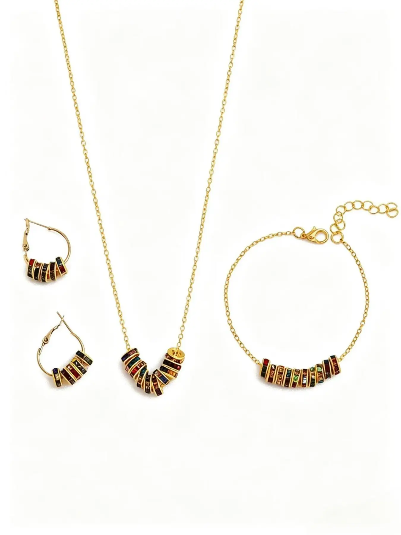 3Pcs Rainbow Spacer Bead Jewelry Set - Gold Plated Necklace, Bracelet & Hoop Earrings, Colorful Cubic Zirconia, Minimalist Stackable Accessories for Women, Ideal for Daily Wear & Gifting