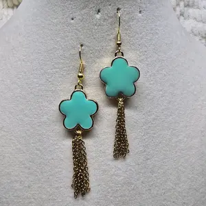 Teal and Gold Flower Tassel Earrings with Chain Tassel and Dangle Design