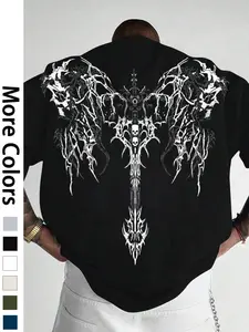 Gothic Demon Wings Thorn Cross Loose T-Shirt, Lightning Texture Wings, Skull Details, Symmetrical Pattern, Y2K Grunge Style