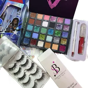 Makeup Box Bundle - 3 Items Eyeshadow Palette Lipstick Eyelash Box & Pair - Complete Cosmetic Set for Live Chose Yourself