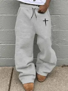 New Casual Straight Leg Pants, Casual Lounge Pant, Simple Cross Print, Essential Home Wear, Unisex, All Seasons, Loose-Fitting, Graphic Style