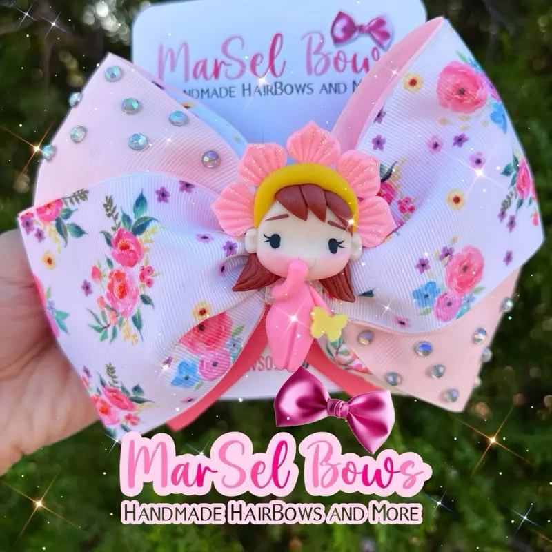 MarSel Bow Spring Hair Bow - Handmade Hair Bow with Flower Design and Pink Border, Includes Character Hairpiece