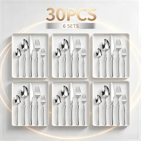 Stainless Steel Flatware Set, 30-Piece Service for 6 with Classic Shape, Smooth Gloss, Dishwasher-Safe Knives Forks Spoons, Party Ready for Home Daily Use