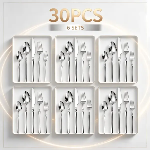 Stainless Steel Flatware Set, 30-Piece Service for 6 with Classic Shape, Smooth Gloss, Dishwasher-Safe Knives Forks Spoons, Party Ready for Home Daily Use