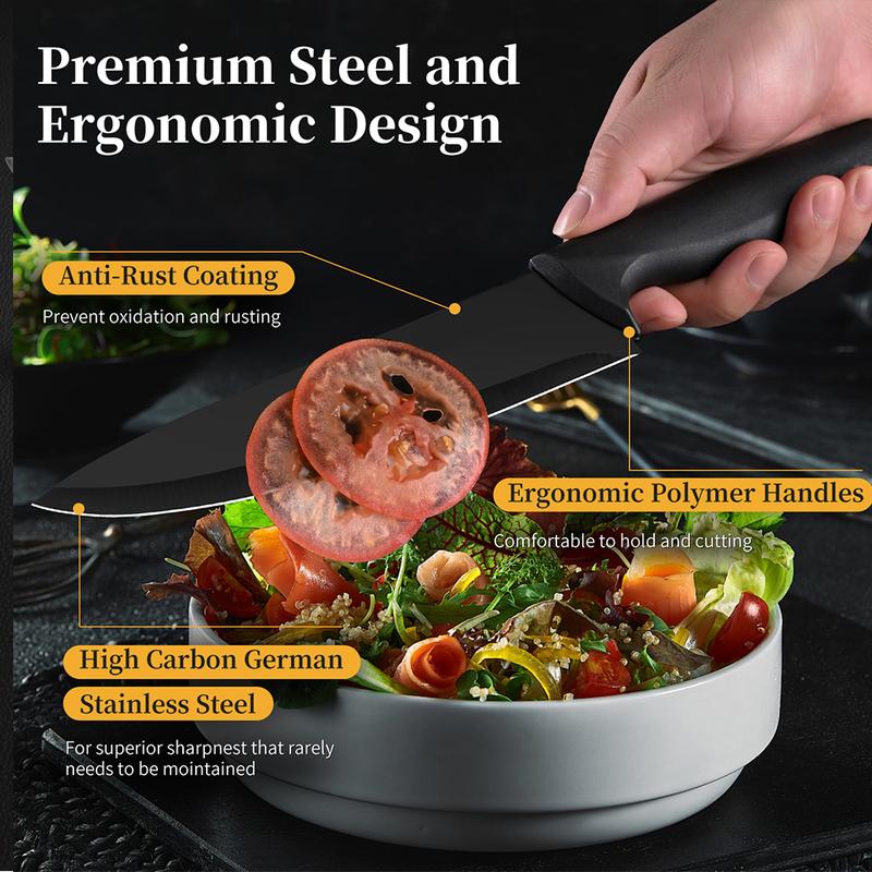 XBJ Knife Set with Knife Block, 15-Piece Rainbow Titanium Knife Block Set, Cooking Steak Knife Set with Black Handles.