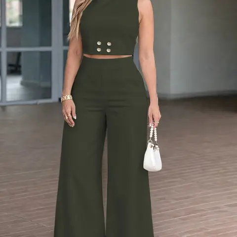 Women's Two-piece Summer Olive Green Clothes Set, Sleeveless Cropped Top & High-waisted Wide-leg Pants, Minimalist Chic Casual Outfit Suitable for Vacations, Brunches and Day-to-night Commuting
