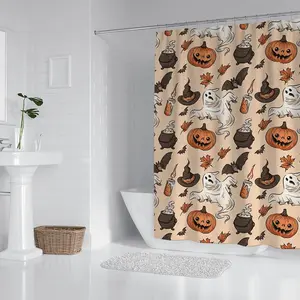 Halloween Themed Spooky Pattern Shower Curtain, 1 Count Waterproof Bathroom Curtain with Hooks, Bathroom Accessories, Home Decoration Supplies
