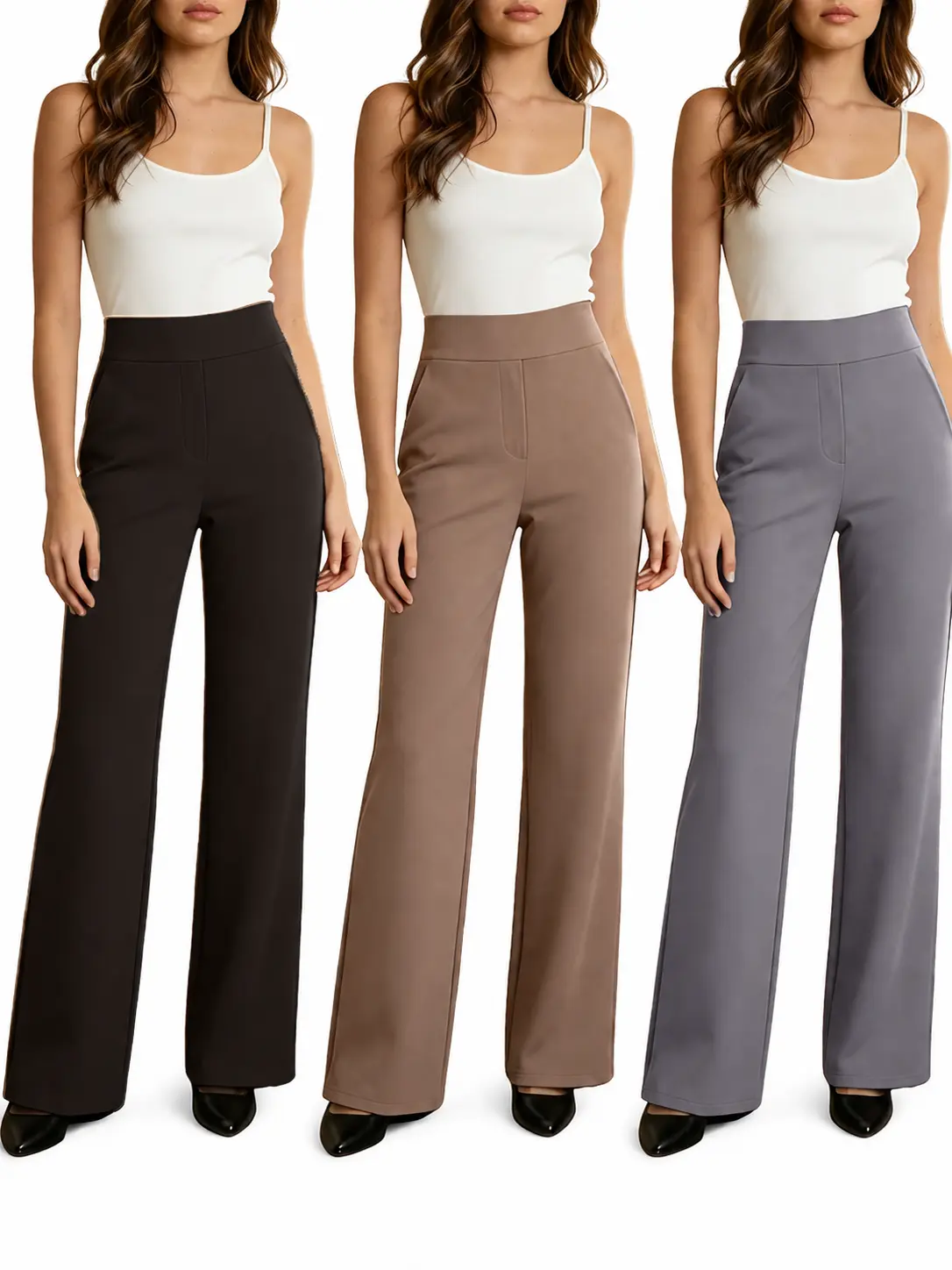 Women's Basic Stretchy Lightweight High-Waisted Wide-Leg Pants with Pockets, Pull-On Bottoms for Work & Casual Summer Wear, Compatible with Tank Tops, Sweaters, Blouses & Accessories, High Waist, Style, Everyday, Breathable, Fabric