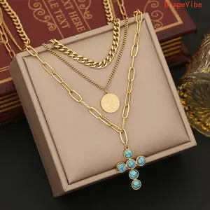 Turquoise Cross Pendant Necklace, Multi-Layer Chain, Minimalist Stylish Daily Wear Neck Accessory for Sports & Outdoor Fan Shop Gaming Enthusiasts, Cross Necklace