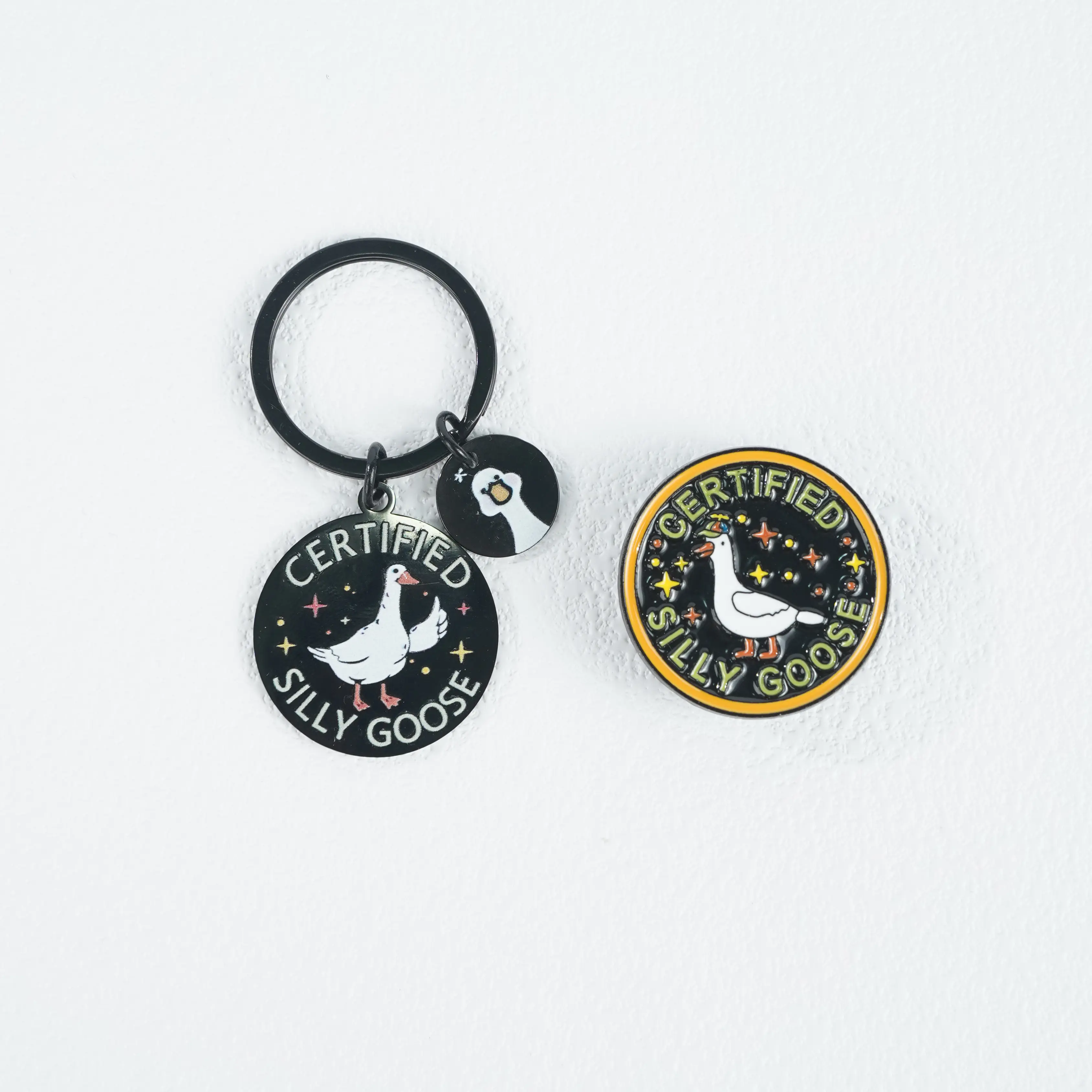 Funny "Certified Silly Goose" Keychain & Cute Goose Enamel Pins Bundle Set - Durable Fashion Accessory Gift for Backpacks, Jackets - Gag Gift for Teens, Friends (Animals Themed), Bird, Funny Goose Keychain