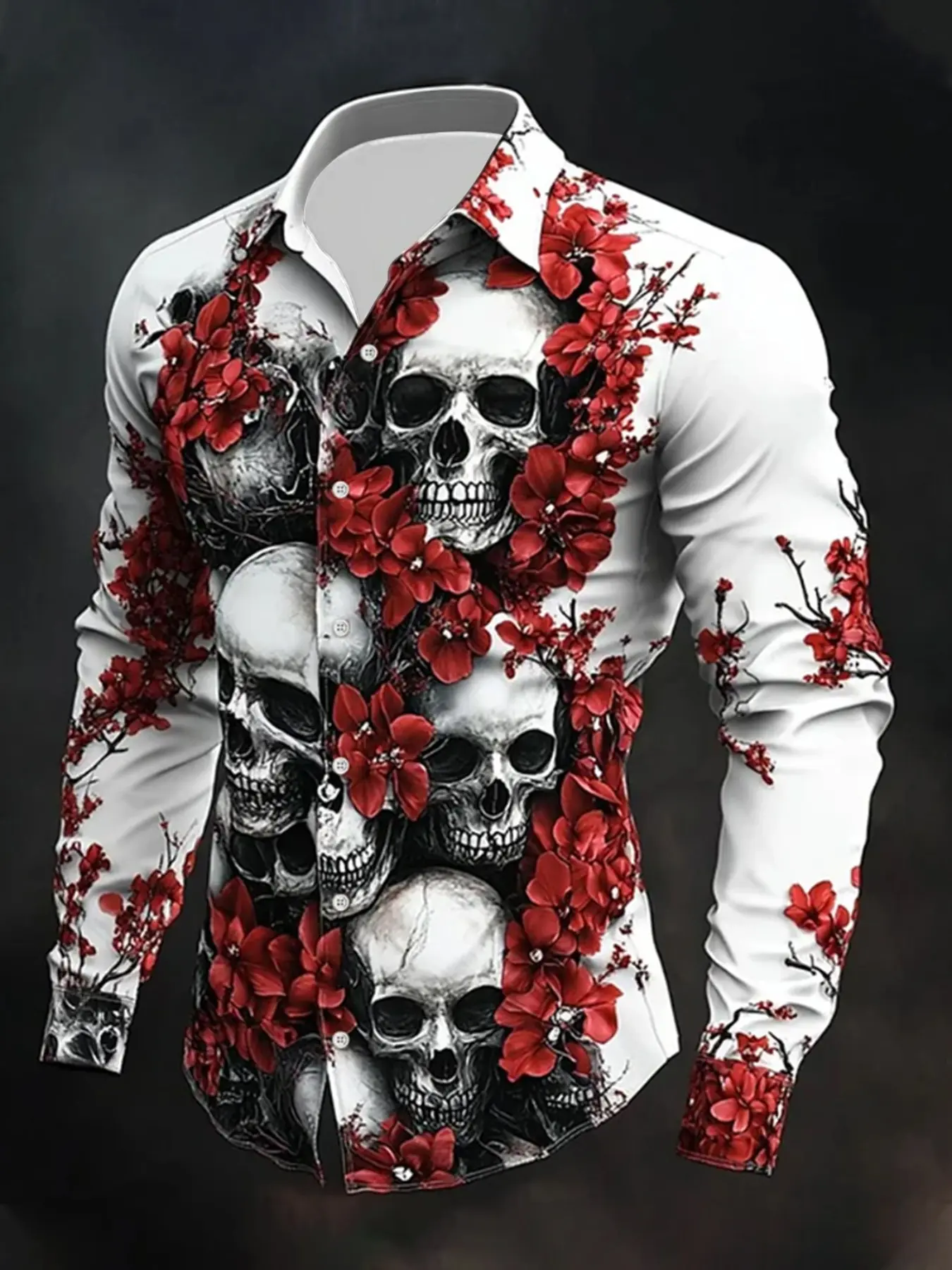 Men's Skull Floral Print Graphics Long Sleeve Shirt, Casual Fitted Woven Fabric, Spring & Fall Fashion, Unique Aesthetic Design for Stylish