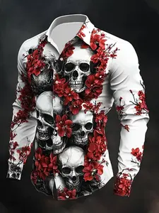 Men's Skull Floral Print Long Sleeve Shirt, Casual Fitted Woven Fabric, Spring & Fall Fashion, Unique Aesthetic Design for Stylish