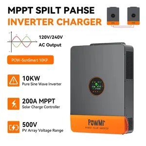 PowMr 10000W Hybrid Solar Inverter, 48V to 120/240Vac, Split-Phase Inverter, w/ 200A MPPT Controller, Max PV Input 11KW, 500VDC, 48V Lead Acid, Li, User-Define, Batteryless Run【Up to 6 Units Parallel】