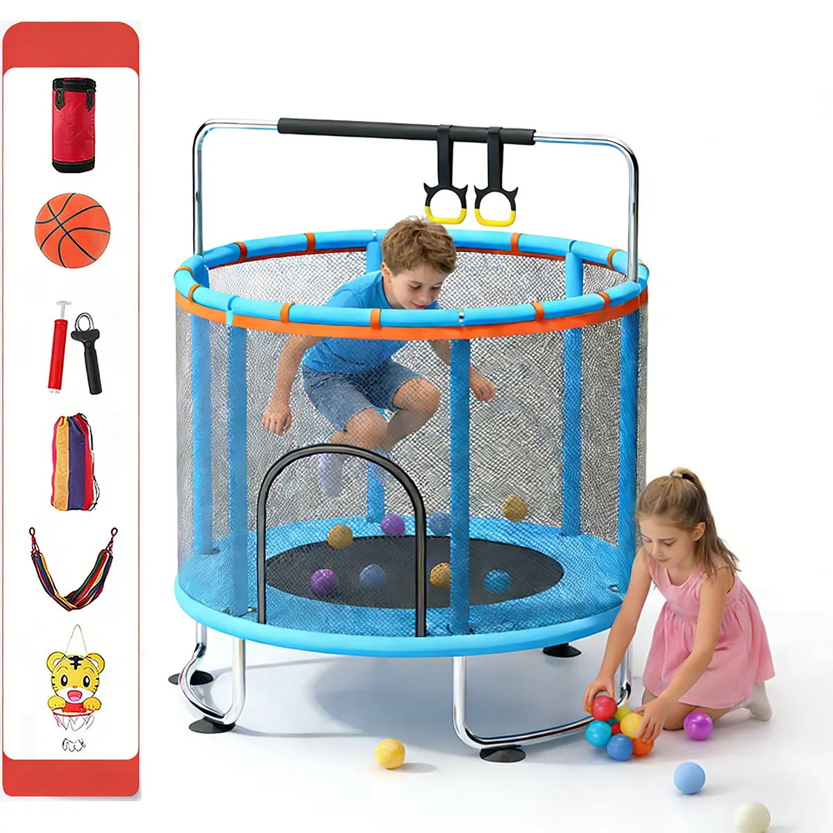 60-in Sports Trampoline for Toddlers with Safety Net, 5-in-1 Indoor/Outdoor Play Set, Swing, Adjustable Gym Bar, Basketball Hoop & 500lbs Capacity