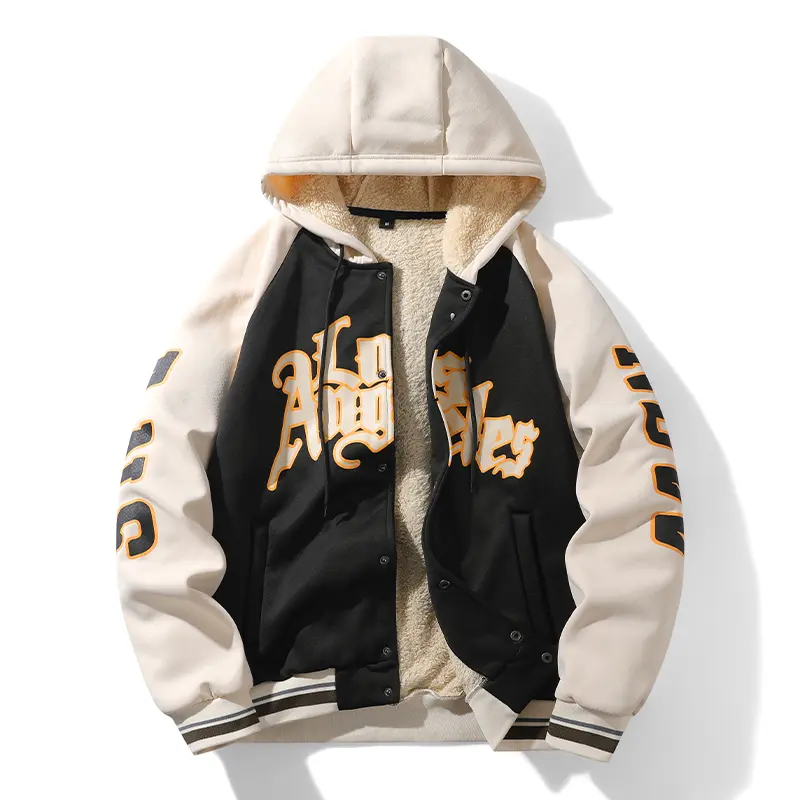 Women’s casual fleece-lined hooded varsity jacket with retro letter embroidery, a warm streetwear outerwear piece suitable for autumn and winter.