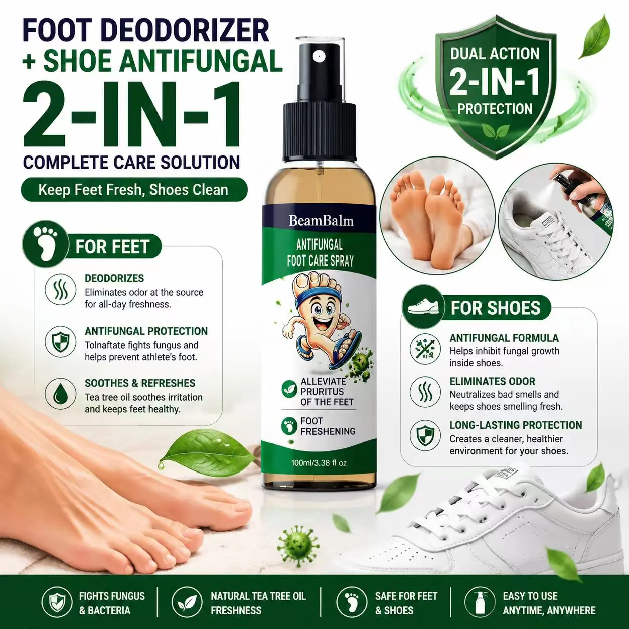 【2-IN-1】 Antifungal Foot Spray with Tolnaftate Helps Freshen Feet, Reduce Odor & Support Daily Foot Care, Tea Tree Oil, Lightweight