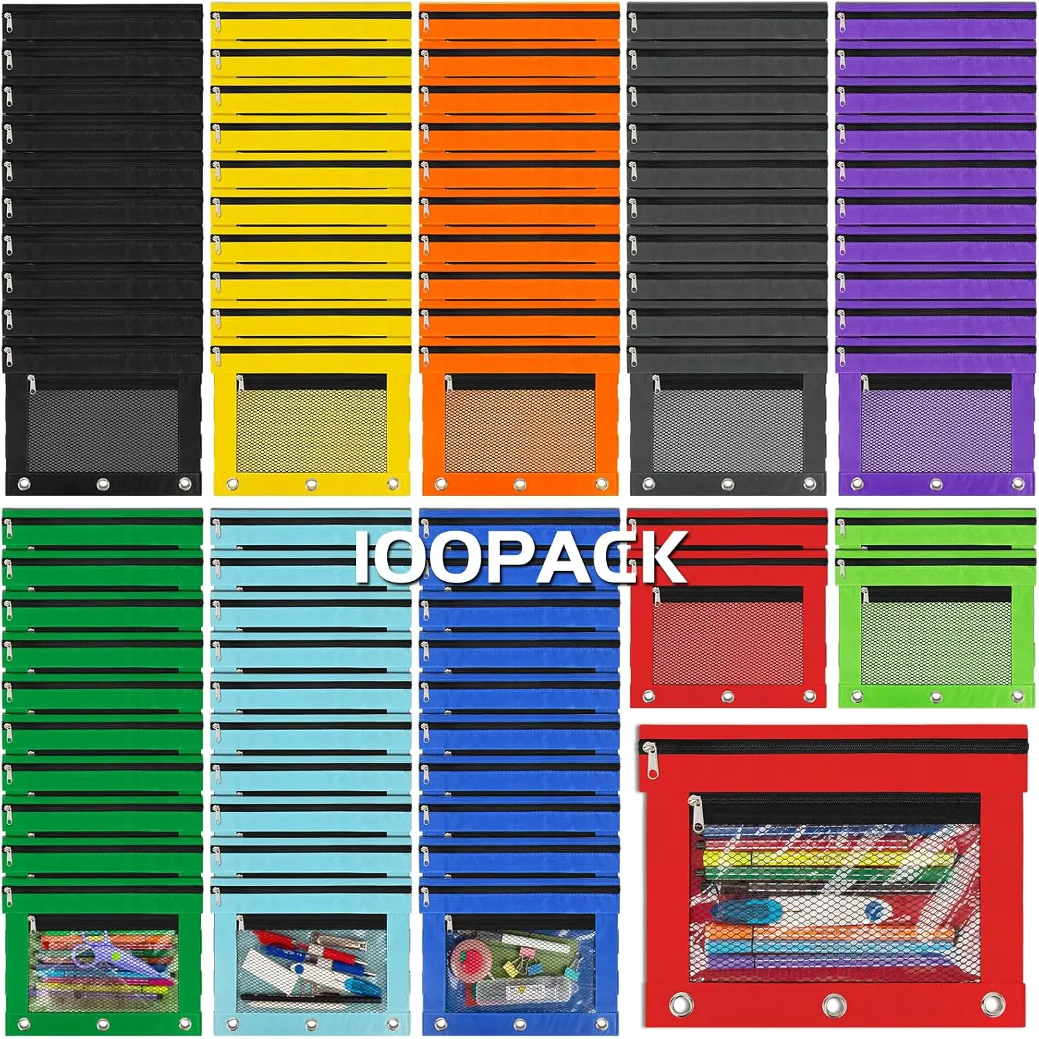 100 Pack Pencil Pouch for 3 Ring Binder bulk Binder Pencil Pouch with Zipper, Pencil Pouches Pencil Bags for Classroom bulk Pencil Box Pencil Case for Storing School Students Teacher Supplies