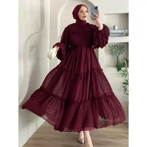 Women's Modest Muslim Abaya Dress - Elegant Long Flowing Burgundy Islamic Dress with Belt, Full-Length Coverage Hijab-Friendly Gown, Machine Washable for Hajj, Ramadan, Travel & Daily Wear (No- Design)
