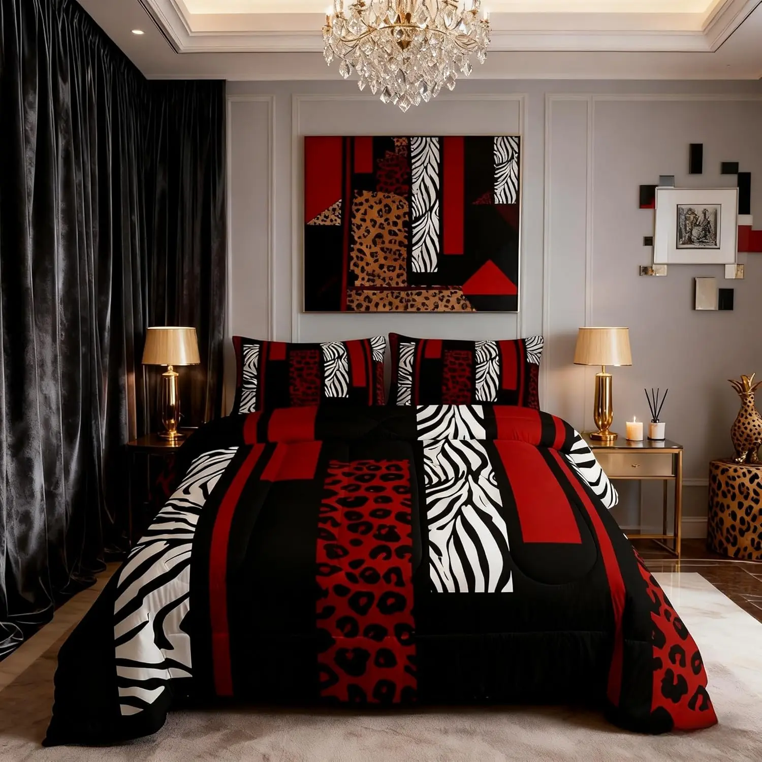 Leopard Print Comforter Set,Zebra Skin Stripes Rustic Farmhouse Bedding Set Women Room Decor,Geometric Square Patchwork Down Comforter,Red Black Fashion Duvet Insert