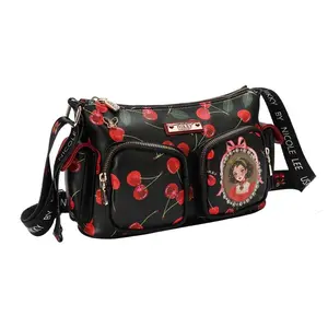 Nikky CHERRY LIPS CROSSBODY Bag with Eiffel Tower Design Eco-Cuero Material Metallic Gold Logo Multiple Pockets Adjustable Strap