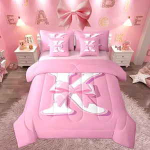 Pink Bowknot Bed Set,,Decor Gifts for Women Teen Girl Ultra Soft Initial Letter K 7 Pieces Beeding Set,Girly Romantic Bed in a Bag with Comforter,Sheets,Pillowcases,Room Decor
