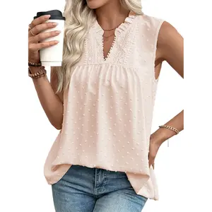 Women's Tank Top Lace Casual V Neck Elegant Swiss Dot Smocked Sleeveless T Shirts Tops 2026 Womenswear Fashion Outfits SummerVibes