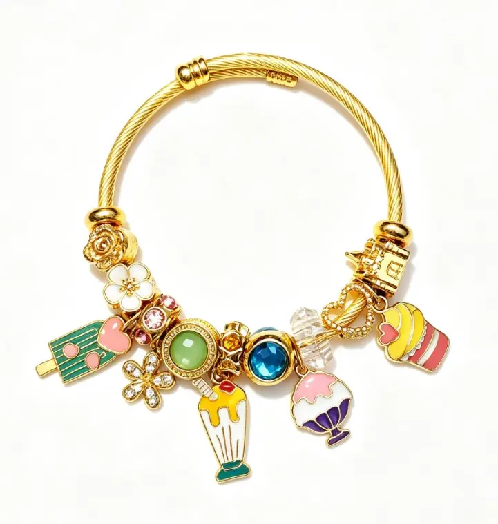 Tone Gold Twisted Open Bangle Cute Dessert Ice Cream Cupcake Popsicle Enamel Charm Bracelet Colorful Crystal Floral Bead Women Sweet Girly Daily Jewelry Gift