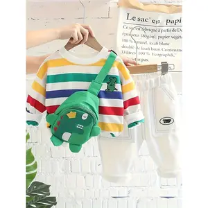 Children's Autumn Clothing, Boys and Girls, 2025 Autumn Clothing Boys Set Striped Round Neck Jeans 2pcs Set with Bag, Perfect for Outdoor