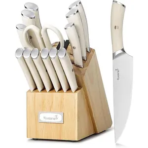 Kitchen Chef's Knife Set Block Utensils Set, German High Carbon Stainless Steel Razor-Sharp Blade Ergonomic Handle, Kitchen Knife Block Set with Built-in Sharpener, Elegant Gift(Ivory,15pcs） Kitchen Knives Knives