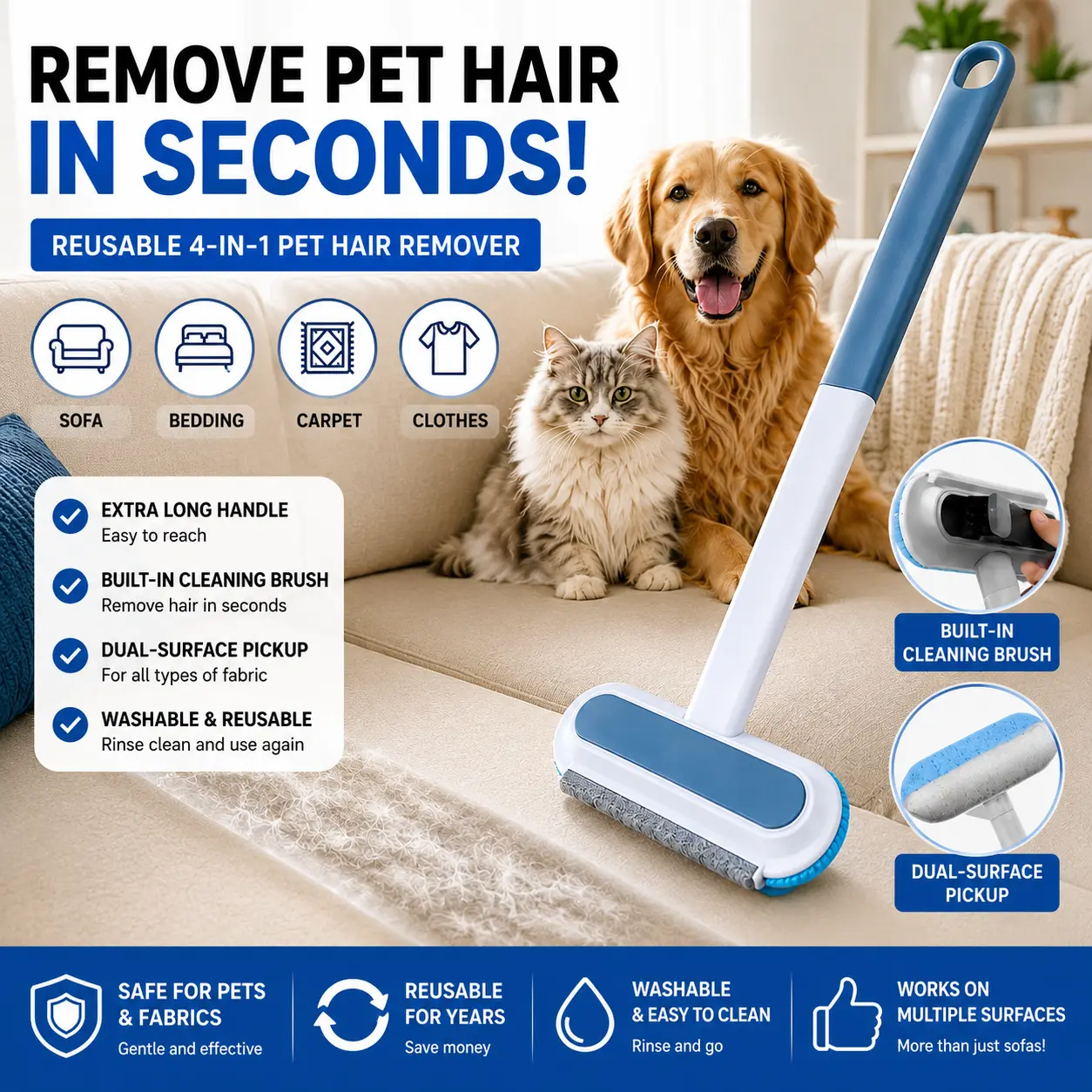 Pet Hair Remover Brush, Reusable Lint and Fur Cleaning Tool for Sofa, Couch, Carpet, Bedding, Clothes and Car Seats, Dog Cat Hair Removal Brush, Household Furniture Cleaning Brush for Home and Pet Owners