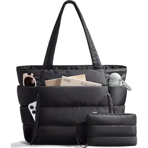 Puffer Tote Bag for Women, Lightweight Puffy Work Handbag Teacher Nurse Quilted Shoulder Bag for School Travel Gym| Cloud Bag w/ Zipper, Daily College Bags, 15.6" Computer Bag, Clinical Nursing Bag, 40 OZ Tumbler Holder, Ideal Gift for Women